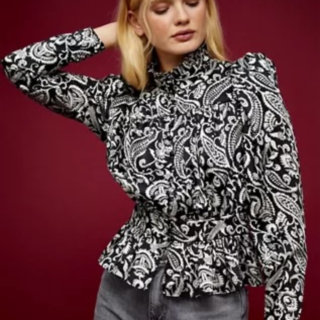 Topshop Paisley High Neck Blouse, Black And White